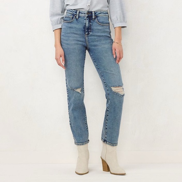 {LC Lauren Conrad} "Straight" High Rise Distressed Knee Stretch Denim Jeans - Picture 1 of 8